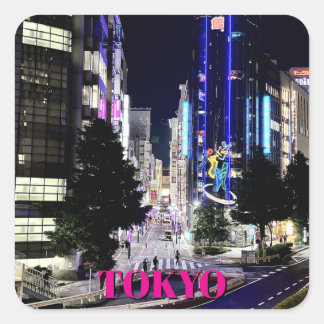 Pegatina Cuadrada Vida Nocturna de Tokio en Color Ciudad Paisaje Urb