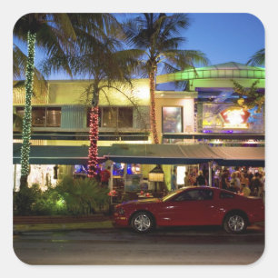 Pegatina Cuadrada Vida nocturna en Ocean Drive, South Beach, Miami