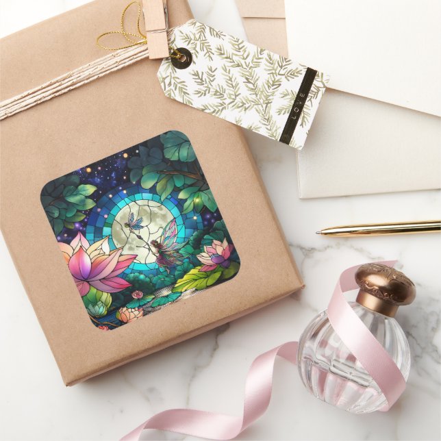 Pegatina Cuadrada Vidriera Hada Pequeña Con Libélula (Regalar)