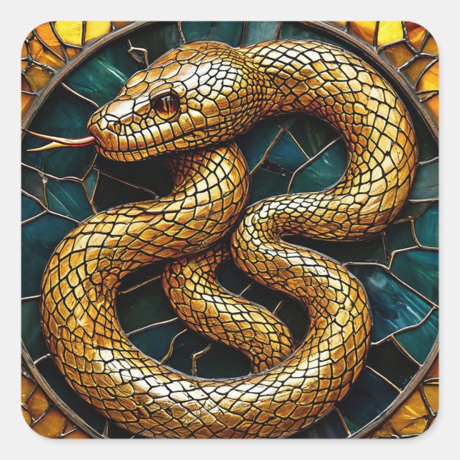 Pegatina Cuadrada Vidrio emplomado de serpiente dorada (Anverso)