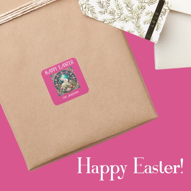 Pegatina Cuadrada Vidrio Manchado de Art Nouveau Rosado (Subido por el creador)