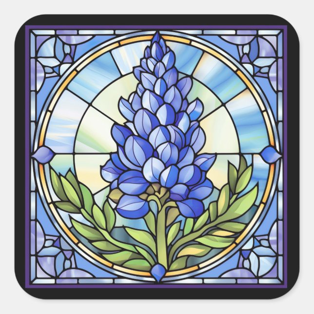 Pegatina Cuadrada Vidrio Manchado de Texas Bluebonnet (Anverso)
