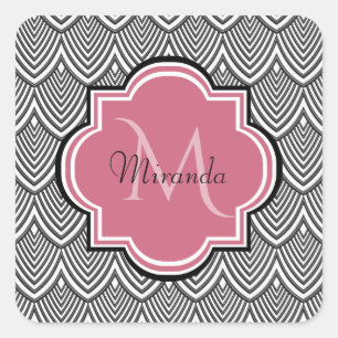 Pegatina Cuadrada Vieiras negras de moda Monograma rosa Nombre