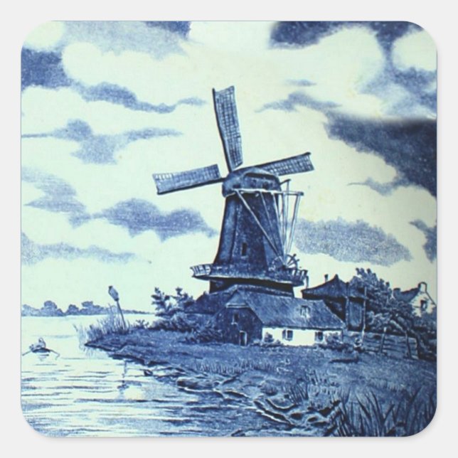 Pegatina Cuadrada Viejo Antiguo Delft Blue Tile - Molino de viento (Anverso)