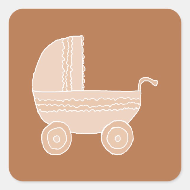 Pegatina Cuadrada Viejo bebé Stroller beige de moda en Brown. (Anverso)