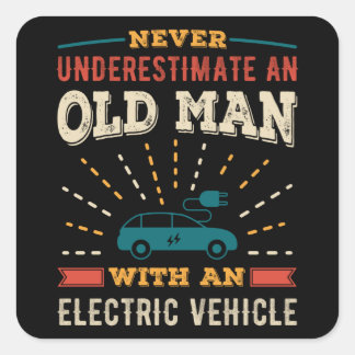Pegatina Cuadrada Viejo gracioso con vehículo eléctrico EV Regalo re