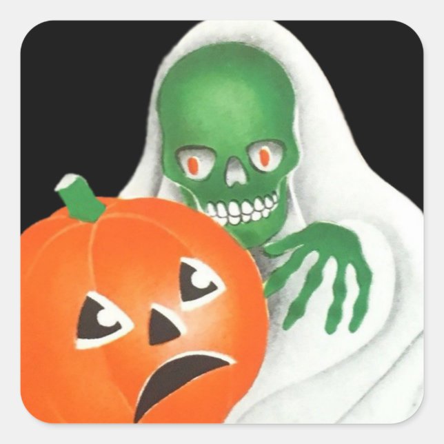 Pegatina Cuadrada Viejo Halloween Skeleton Ghoul y Pumpkin (Anverso)