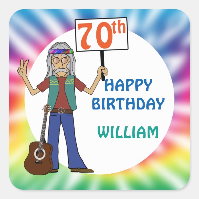 Pegatina Cuadrada Viejo Hippie Hippy Tie Dye 70 cumpleaños (Anverso)