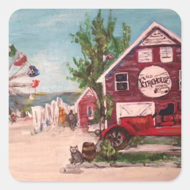 Pegatina Cuadrada Viejo incendio, pintura de Ginebra sobre un pegati (Anverso)