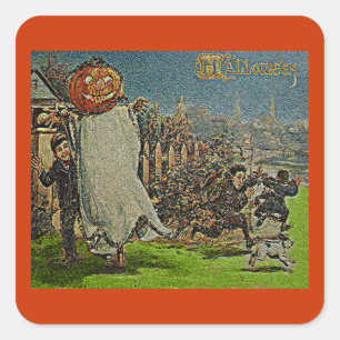 Pegatina Cuadrada Viejo Jack o'Lantern Scarecrow and Boys