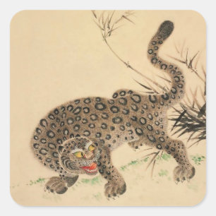 Pegatina Cuadrada Viejo pergamino de leopardo visto japonés