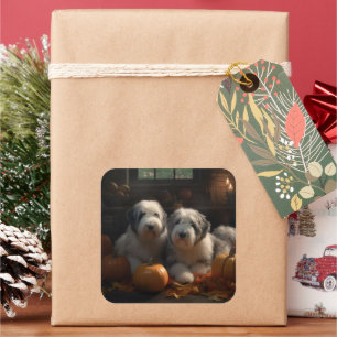 Pegatina Cuadrada Viejo perro pastor inglés cachorro de otoño deslum