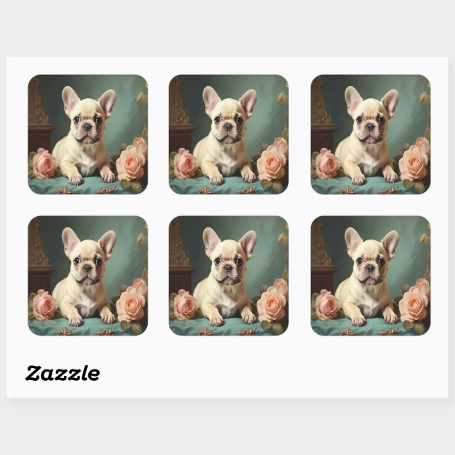 Pegatina Cuadrada Viejo retrato de Bulldog francés lindo perro cacho (Hoja)