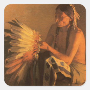 Pegatina Cuadrada Viejo War Bonnet de Joseph Henry Sharp