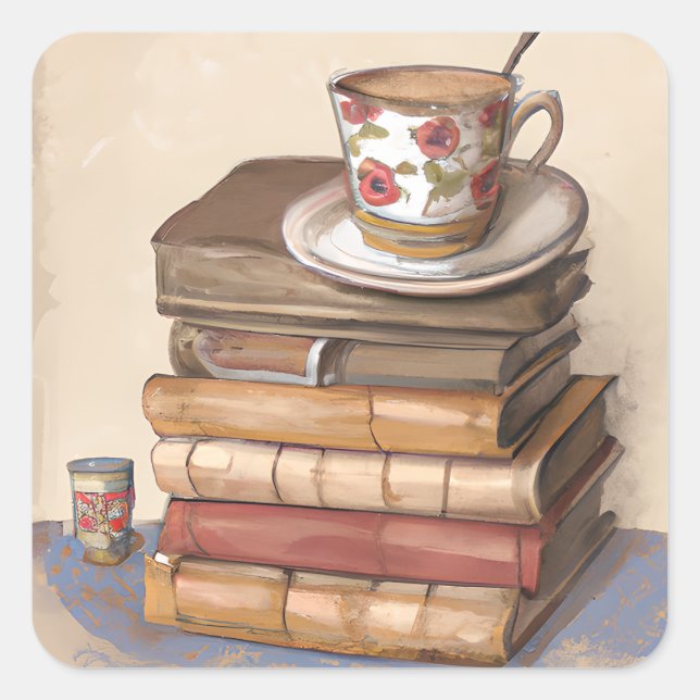 Pegatina Cuadrada Viejos libros antiguos y una copa de café (Anverso)