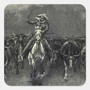 Pegatina Cuadrada Viejos Vaqueros, Una Estampida de Frederic Remingt