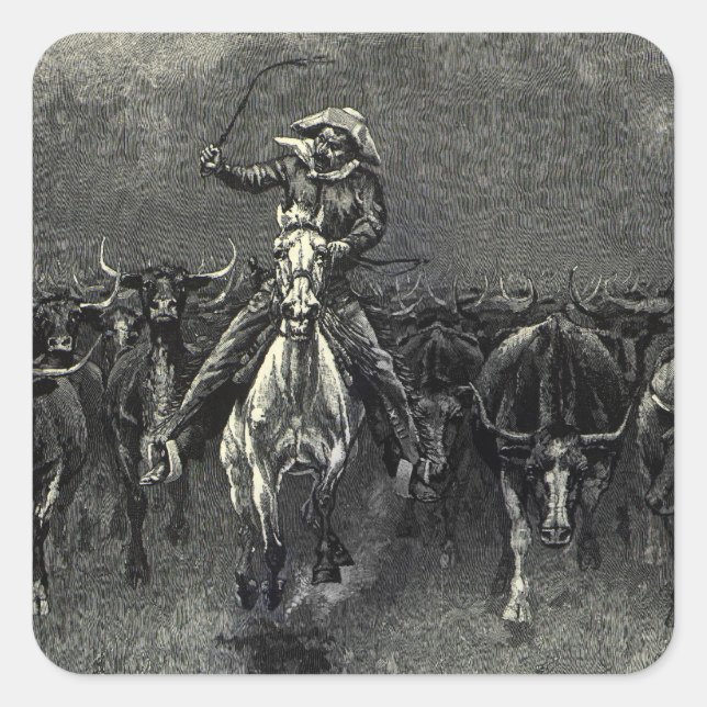 Pegatina Cuadrada Viejos Vaqueros, Una Estampida de Frederic Remingt (Anverso)