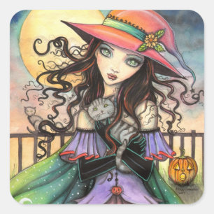 Pegatina Cuadrada Vientos de Gata Tabby Bruja de Halloween Arte de F