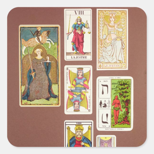 Pegatina Cuadrada VIII. Justicia, siete tarjetas tarot (Anverso)