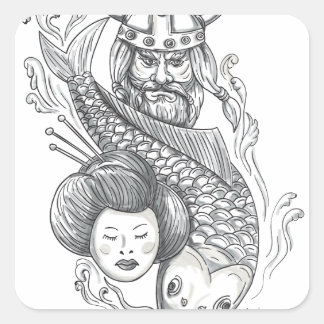 Pegatina Cuadrada Viking Carp Geisha Head Tattoo