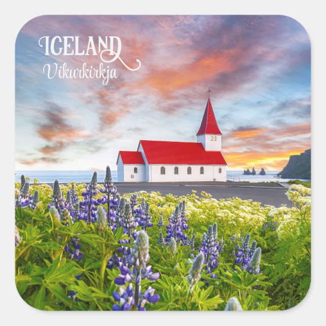 Pegatina Cuadrada Vikurkirkja, Islandia (Anverso)