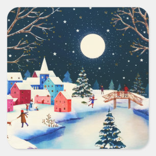 Pegatina Cuadrada Villa de nieve de invierno azul festivo