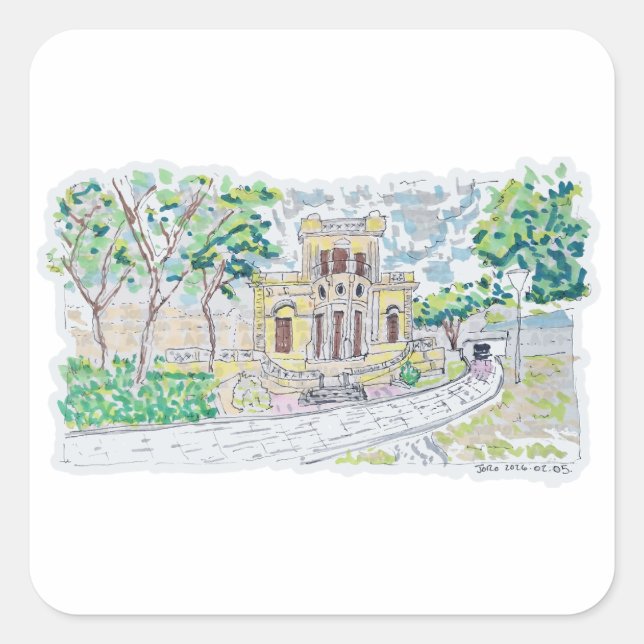 Pegatina Cuadrada Villa Histórica Amarilla (Anverso)