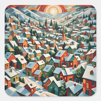 Pegatina Cuadrada village d'hiver sous la neige vintage