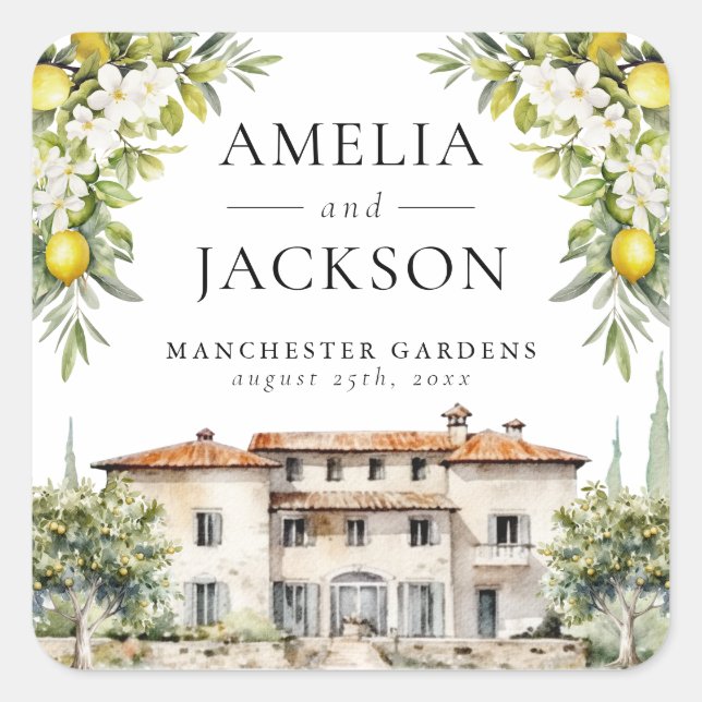 Pegatina Cuadrada Villas Italianas Limones y Aceitunas (Anverso)