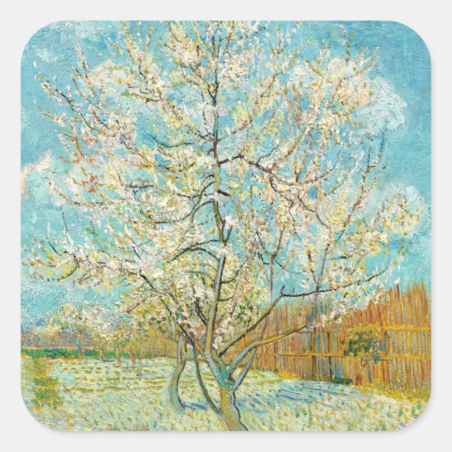 Pegatina Cuadrada Vincent van Gogh - Árbol rosa en flor (Anverso)
