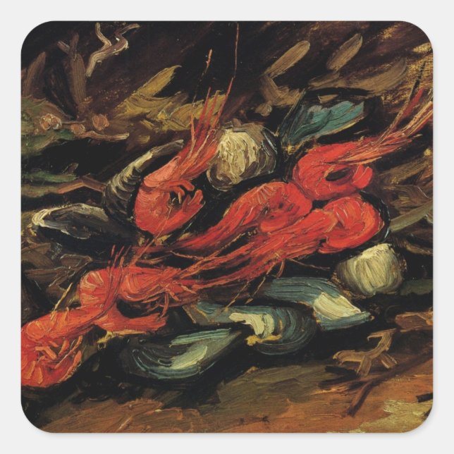Pegatina Cuadrada Vincent van Gogh - Aún vitales mejillones y camaro (Anverso)