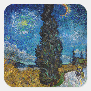 Pegatina Cuadrada Vincent van Gogh - Camino con ciprés y estrella