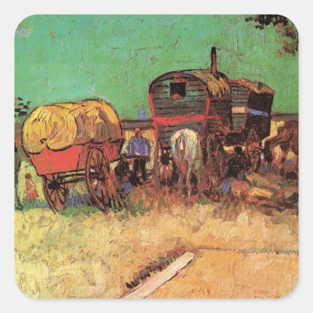 Pegatina Cuadrada Vincent van Gogh - Campamento de Gitanos Caravanas (Anverso)