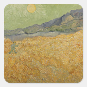 Pegatina Cuadrada Vincent van Gogh  Campo de rueda con Reaper, 1889