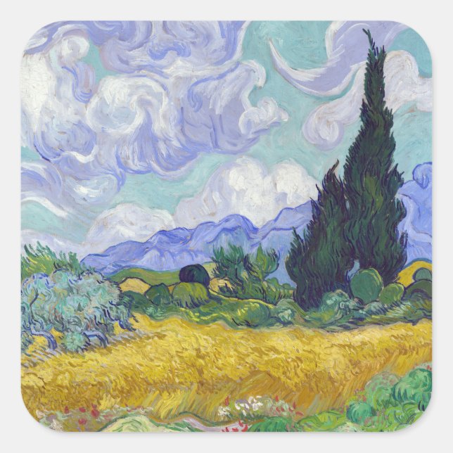 Pegatina Cuadrada Vincent Van Gogh - Campo de trigo con cipreses (Anverso)