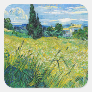 Pegatina Cuadrada Vincent van Gogh - Campo de trigo verde con ciprés