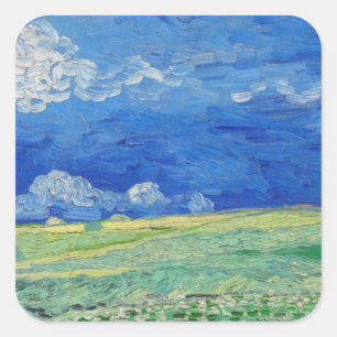 Pegatina Cuadrada Vincent van Gogh - Campos de trigo bajo nubes de t