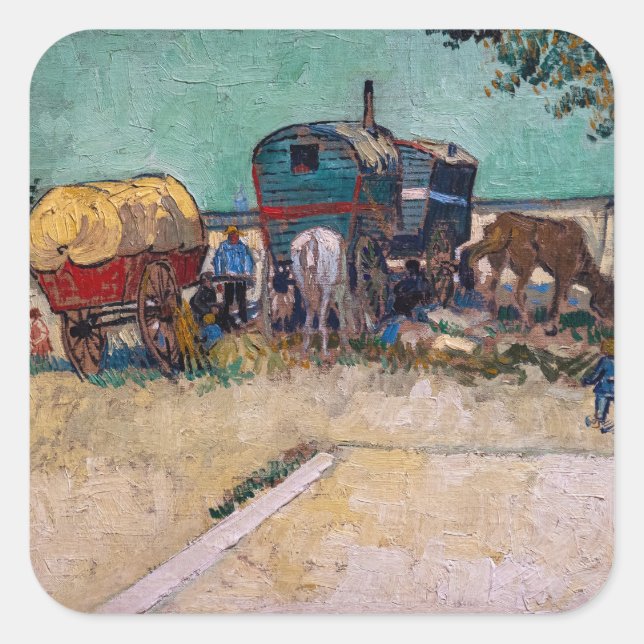 Pegatina Cuadrada Vincent Van Gogh - Caravanas, campo gitano cerca d (Anverso)