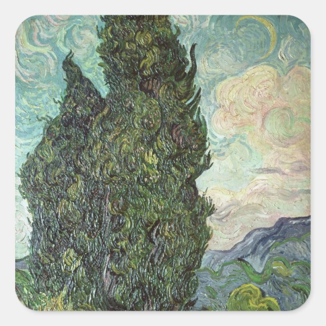 Pegatina Cuadrada Vincent van Gogh | Cipreses, 1889 (Anverso)
