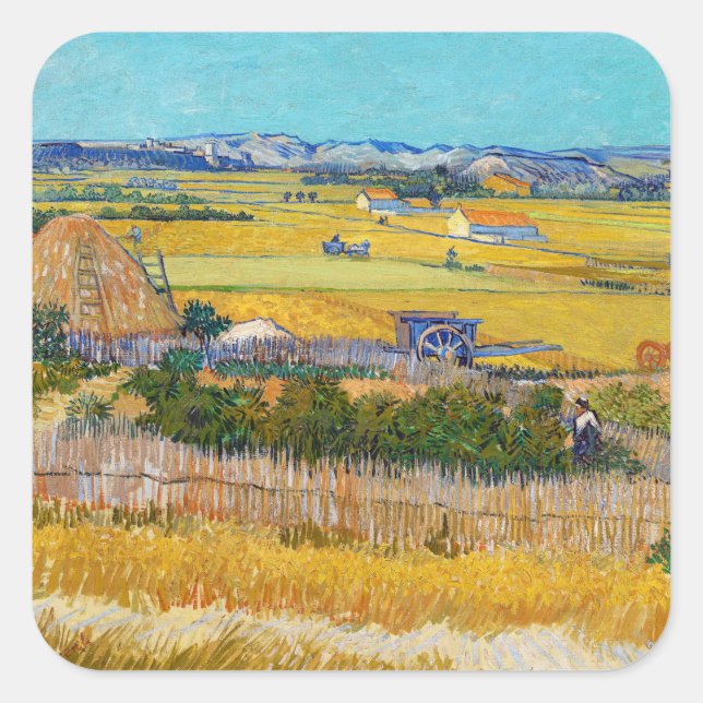 Pegatina Cuadrada Vincent van Gogh - Cosecha en La Crau (Anverso)