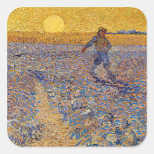 Pegatina Cuadrada Vincent van Gogh - El sembrador con el sol ponient