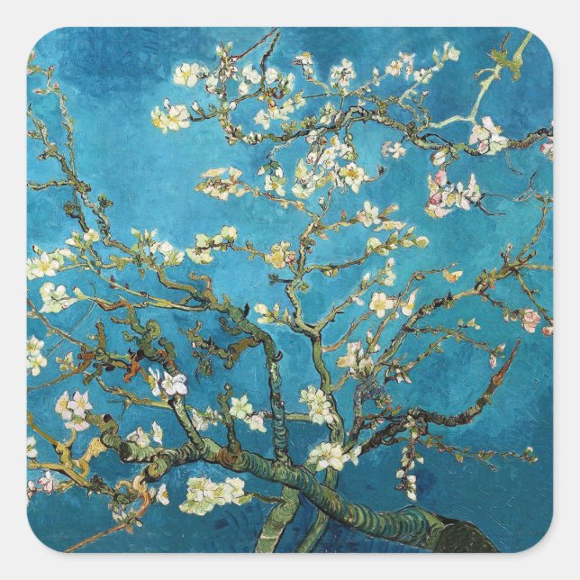 Pegatina Cuadrada Vincent van Gogh, floreciente árbol de almendros (Anverso)