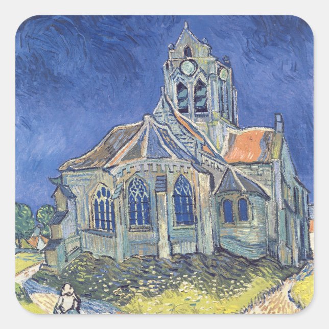 Pegatina Cuadrada Vincent van Gogh | Iglesia de Auvers-sur-Oise (Anverso)