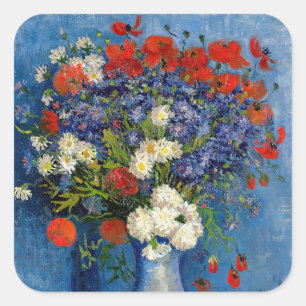 Pegatina Cuadrada Vincent van Gogh - Jarrón con acianos y amapolas
