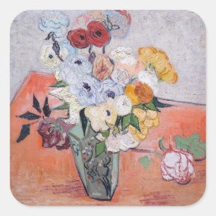 Pegatina Cuadrada Vincent van Gogh - Jarrón con rosas y anémonas