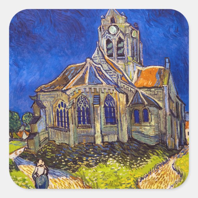 Pegatina Cuadrada Vincent van Gogh - La Iglesia de Auvers (Anverso)