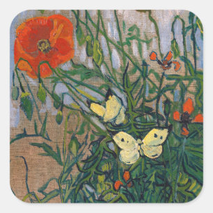 Pegatina Cuadrada Vincent van Gogh - Mariposas y Amapolas