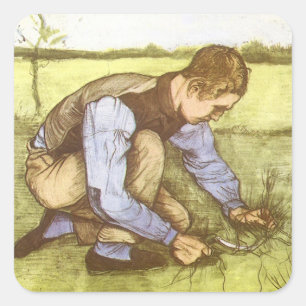 Pegatina Cuadrada Vincent van Gogh - Muchacho cortando hierba con ho