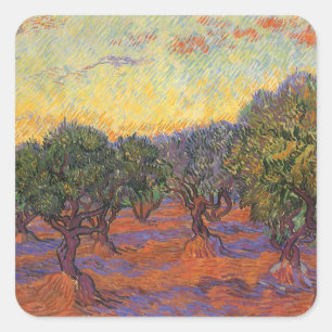 Pegatina Cuadrada Vincent van Gogh - Olivar, cielo anaranjado