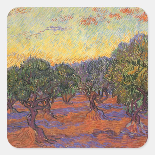 Pegatina Cuadrada Vincent van Gogh - Olivar, cielo anaranjado (Anverso)